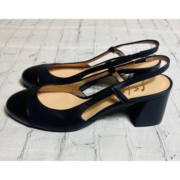 French Sole FS/NY Tuckernuck Slingback Baton Leather Heels Navy/Black Size 7.5 - Picture 2 of 10